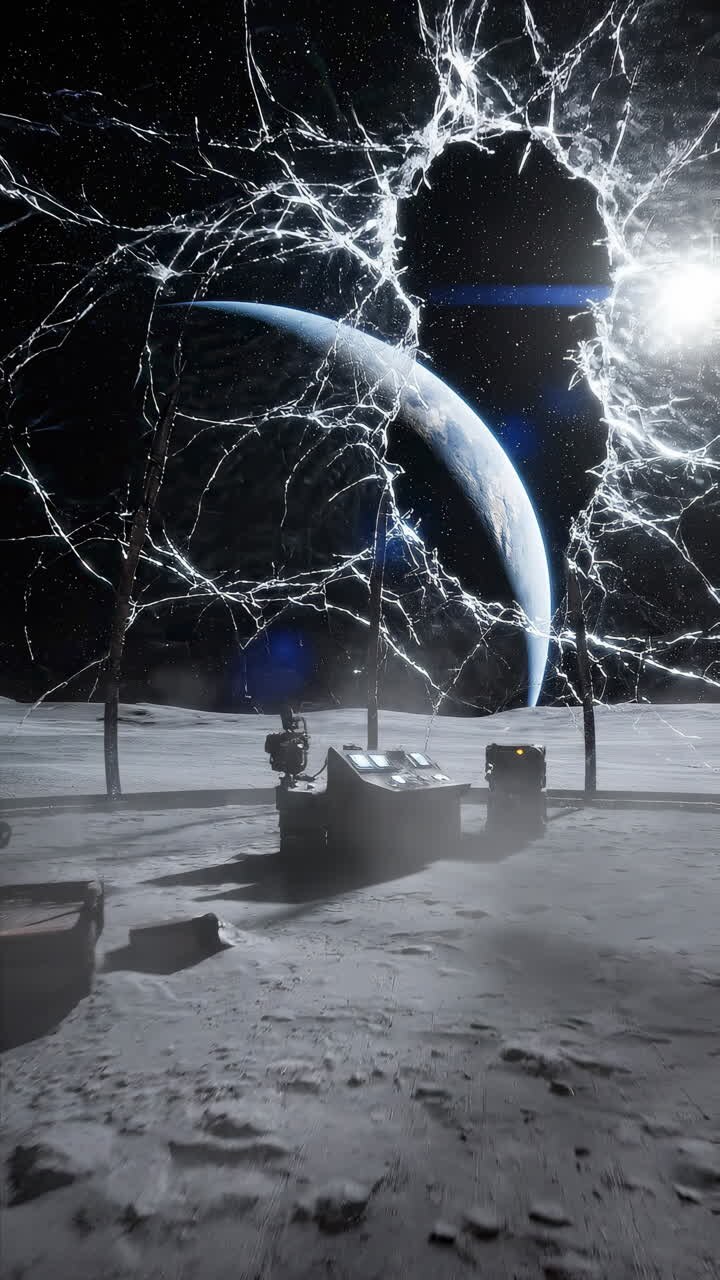 Cracked Observation Window Over Lunar Surface, Control Console Glow, Red Emergency Lighting, Habitat Breach