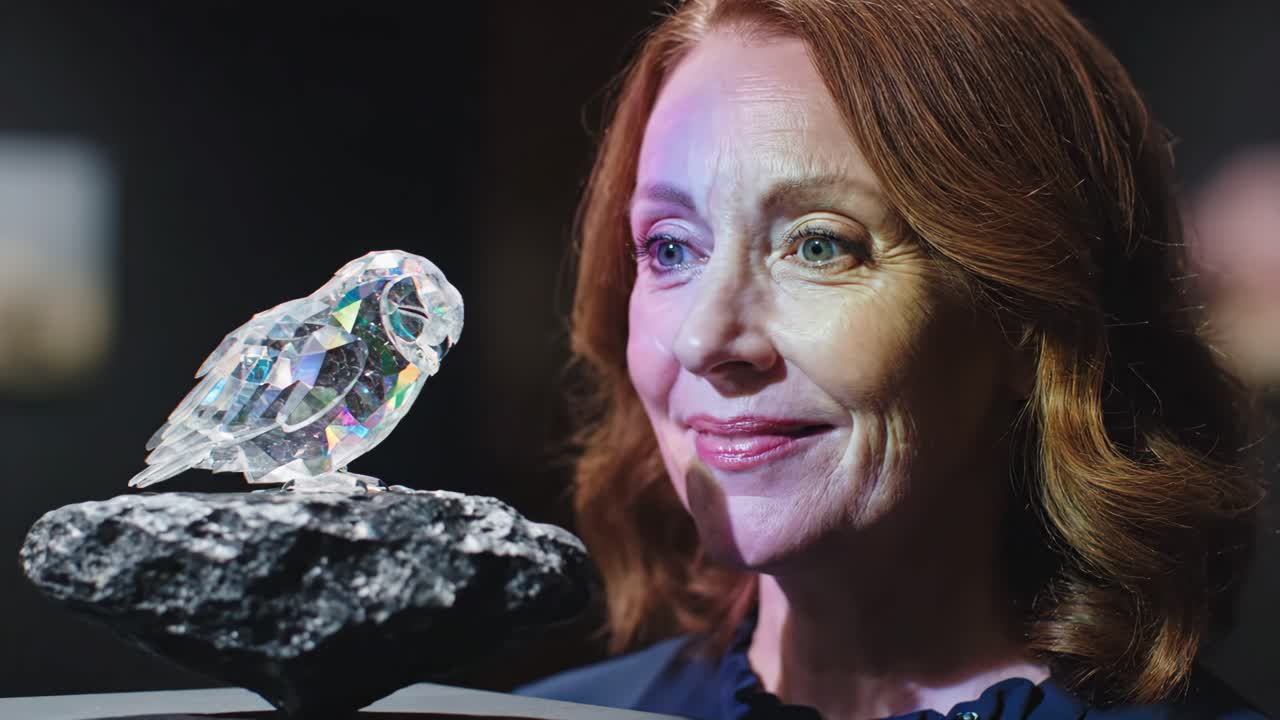 Woman admiring a crystal owl figurine