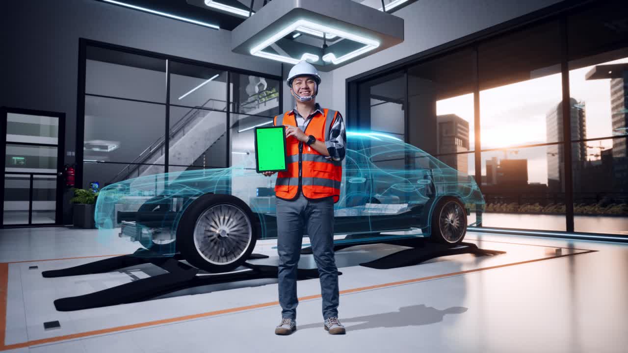 Full Body Of Asian Male Engineer With Safety Helmet Smiling And Showing Green Screen Tablet To The Camera While Standing With Concept of Electric Vehicle, High-tech Industrial Facility