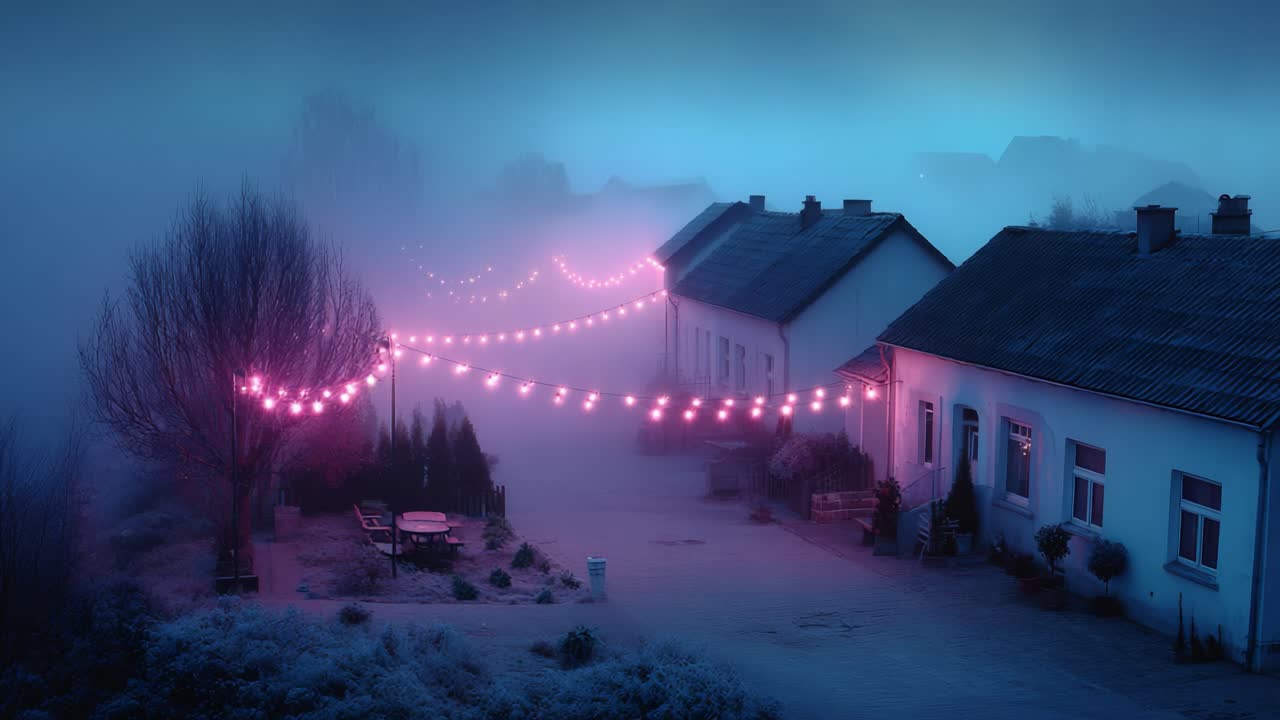 A Serene and Enigmatic Evening: Soft Mist and Colorful Lights Draped Over a Quiet Neighborhood, Creating an Atmospheric Glow that Invites Reflection and Serenity