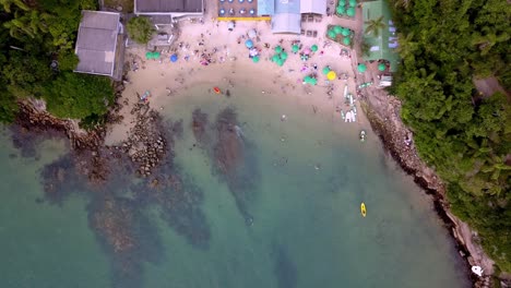 Aerial-top-down-wide-shot-of-the-Praia-da-Sepultura-in-Bombinhas,-Brazil