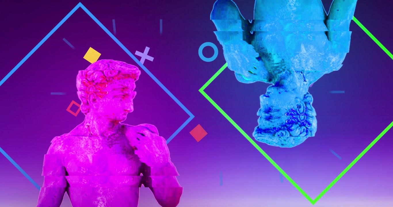Animation of interference over sculpture with shapes on purple background