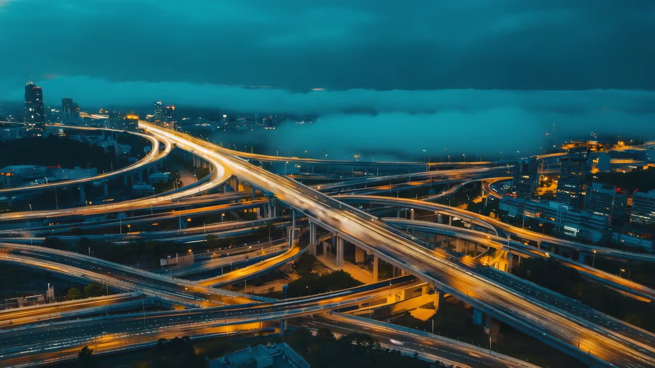 Night view of a complex highway interchange with light trails in a city