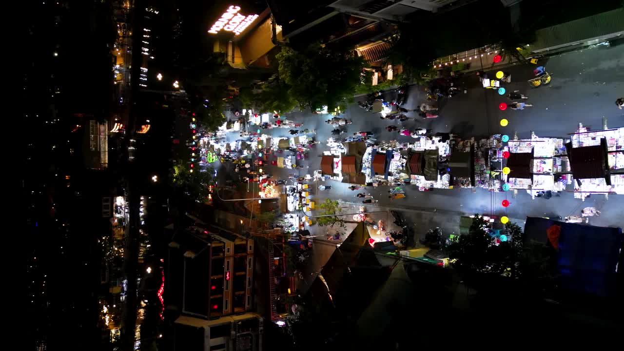 High view of markets on the streets of Hoi An at night, Vietnam.