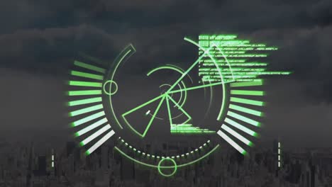 Animation of loading circles, computer language over aerial view of modern city against cloudy sky