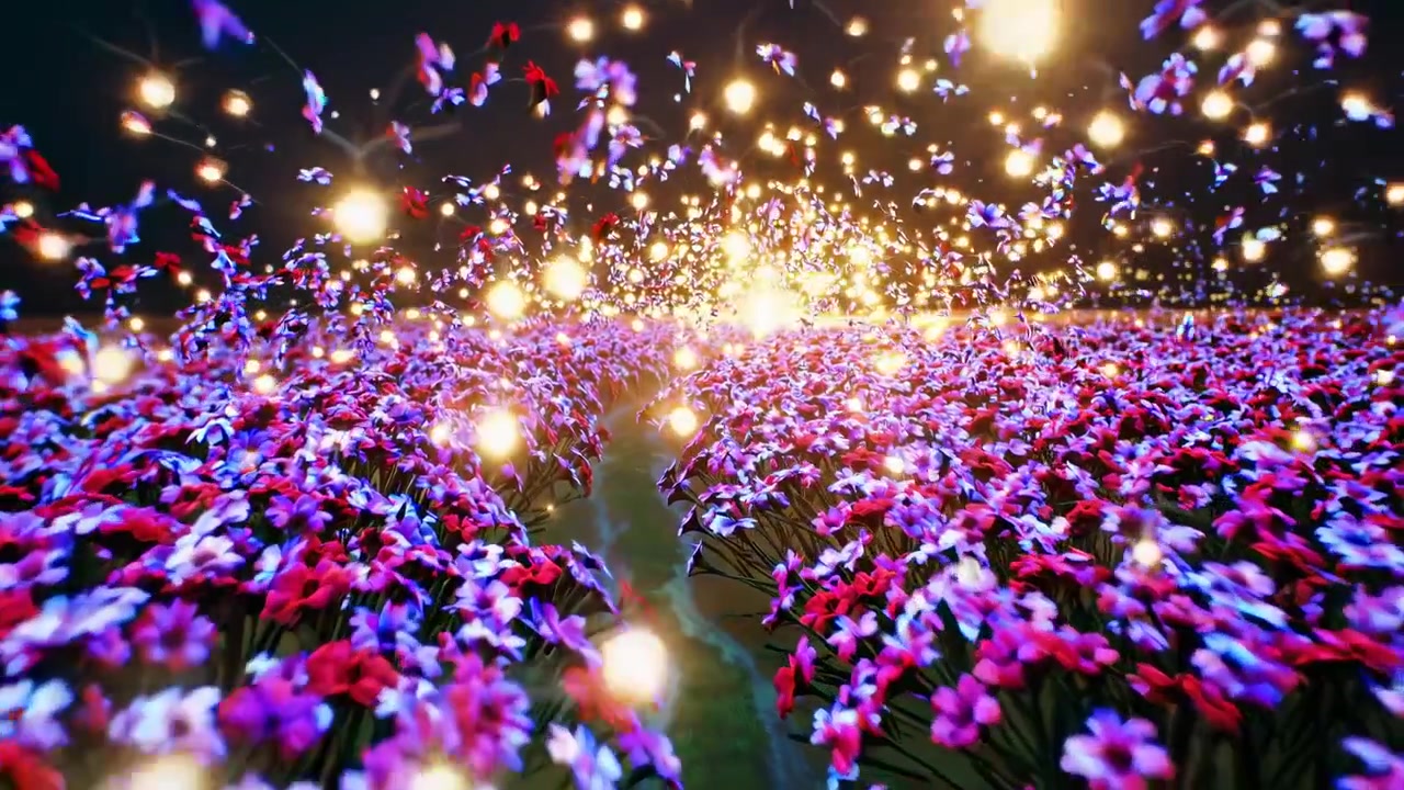 Campo magico di fiori luminosi con particelle di luce fluttuanti