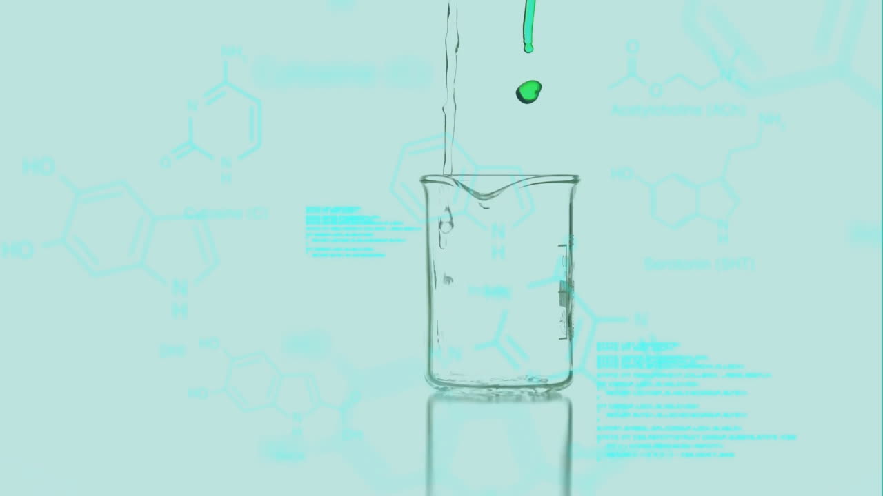 Animation of data processing and chemical formula over beaker with liquid on blue background