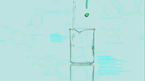 animation of data processing and chemical formula over beaker with liquid on blue background
