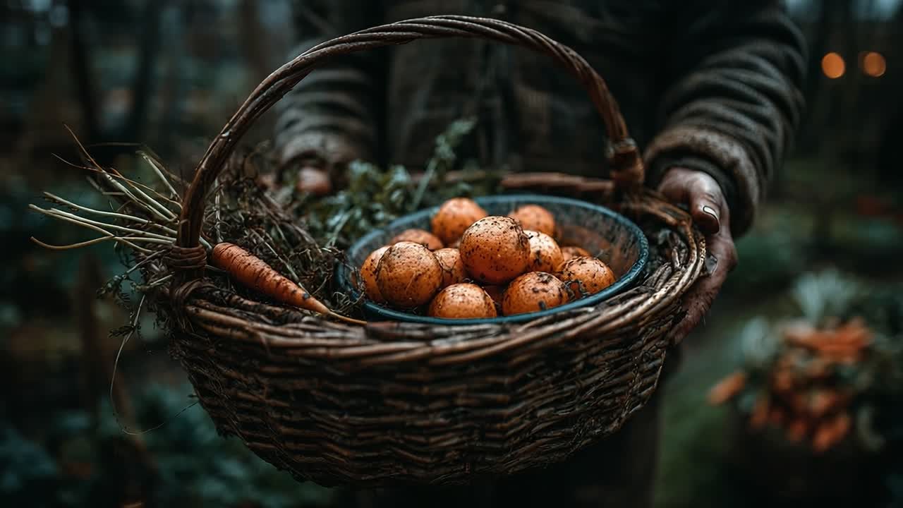 A Rustic Basket Overflowing with Freshly Harvested Produce: A Closer Look at Organic Farming's Bounty of Vegetables and Fruits in a Lush Forest Environment