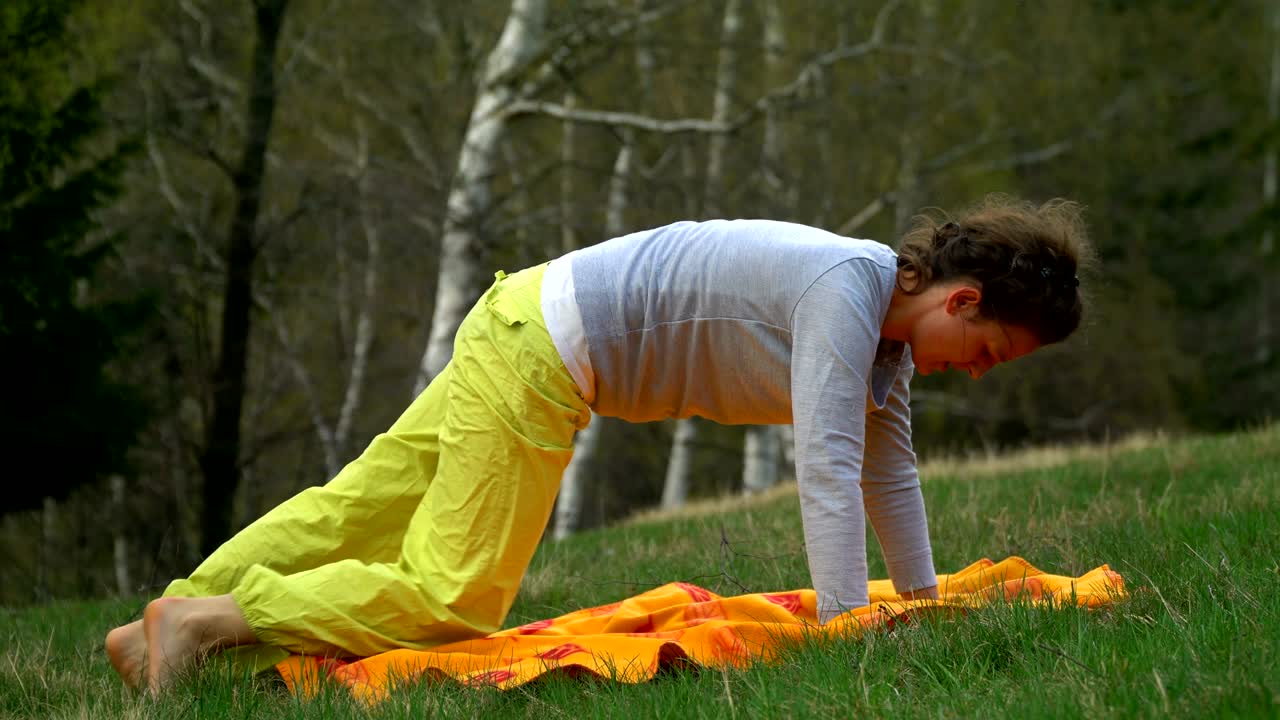 Yoga- og pilatesøvelser på engen i skoven