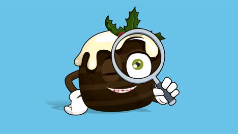 el pastel de navidad de dibujos animados se ve en lupa con animación facial alfa mate