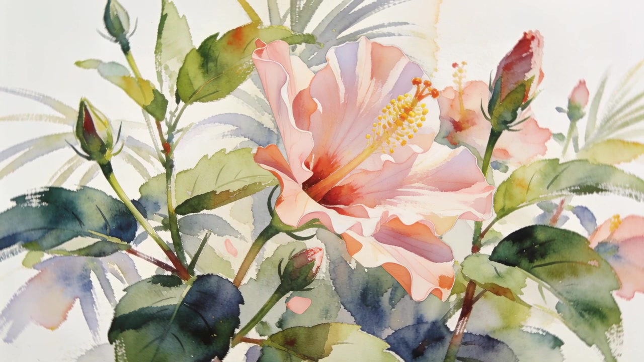 Fiore di ibisco ad acquerello rotante che solleva un petalo e rilascia frammenti sulla carta, con le inquadrature che si spostano.