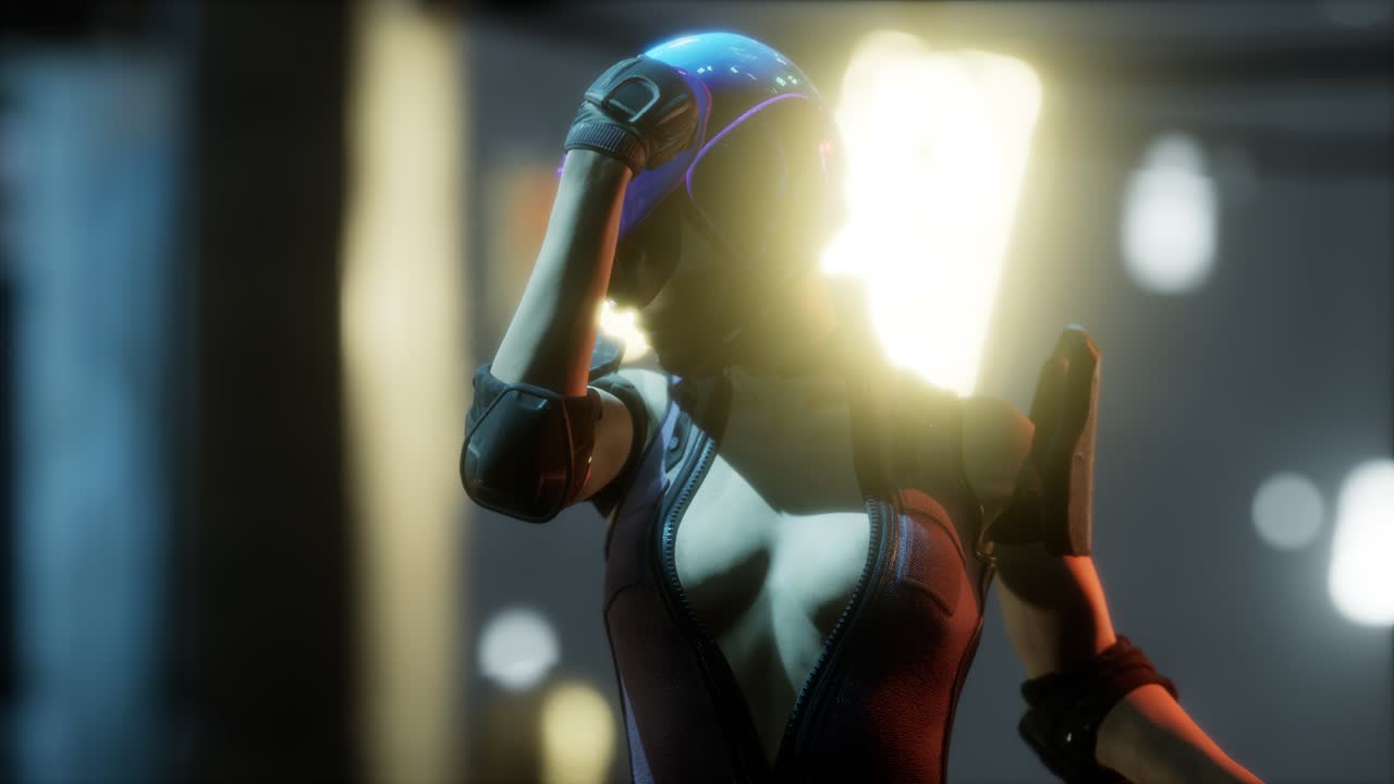 futuro concepto de mujer cyberpunk con luces de neón de la ciudad