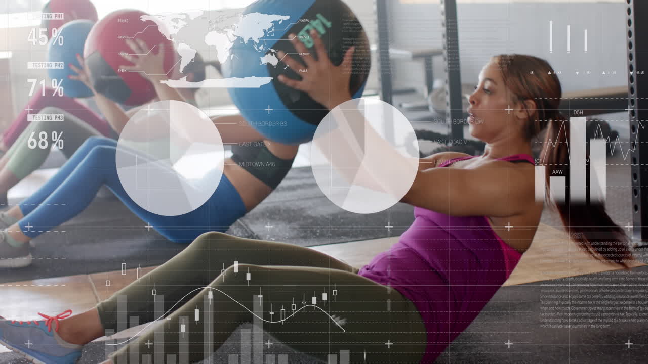 다양한 여성들의 인터페이스 처리 데이터의 애니메이션 체육관에서 의학 공으로 크로스 트레이닝