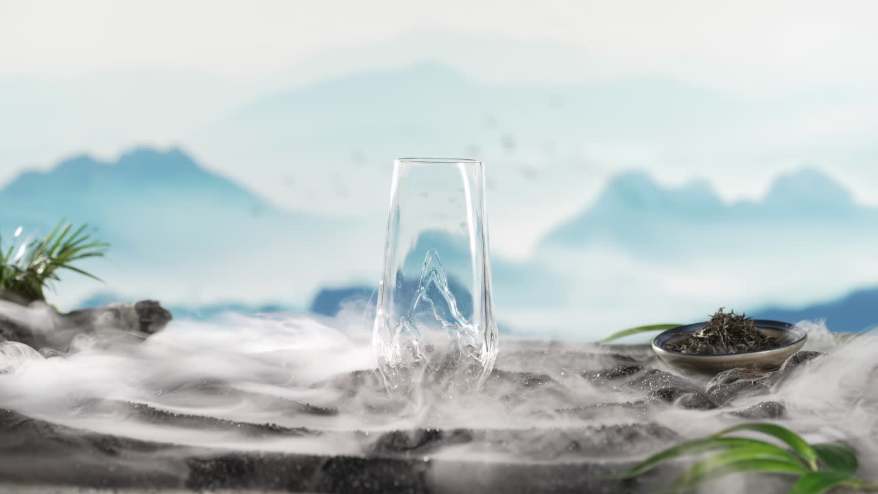 Refreshing Glass teapot with steaming herbal Elegant tea ceremony set against a serene mountain backdrop creates a tranquil, zen-like atmosphere.