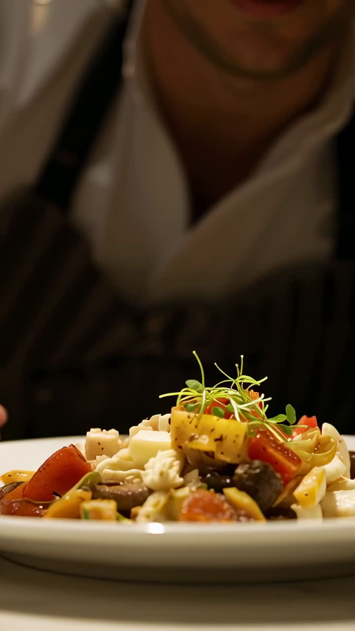 Vertical video: Leaning chef in striped apron placing microgreen on plate at marble top for service