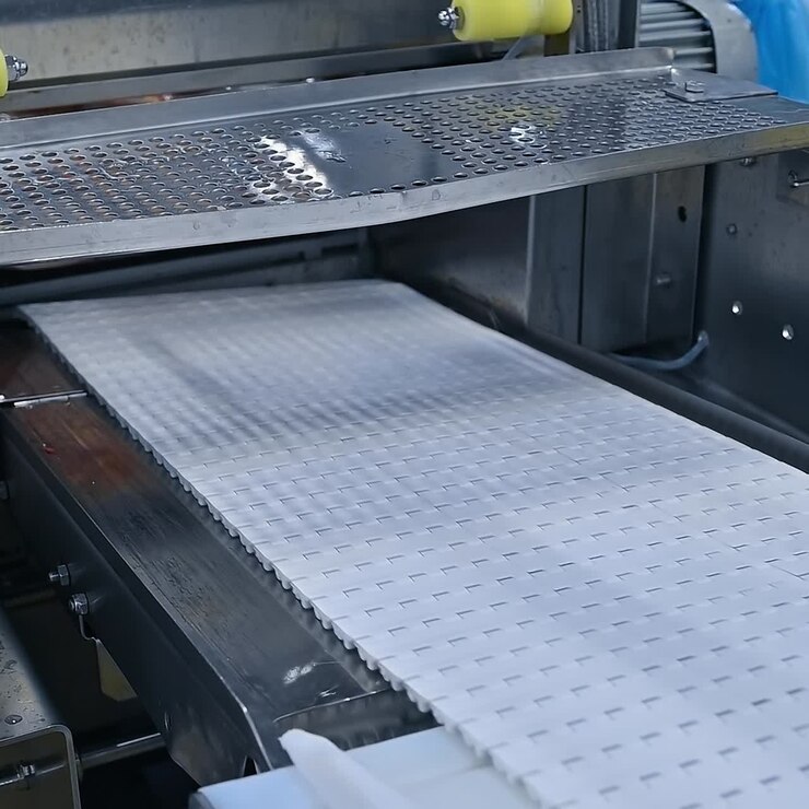Packages with ready chicken meat packaged in vacuum bag go to the conveyor line on a poultry farm. Meat processing plant concept