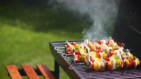 shashliks a la parrilla coloridos y sabrosos en una barbacoa de verano al aire libre