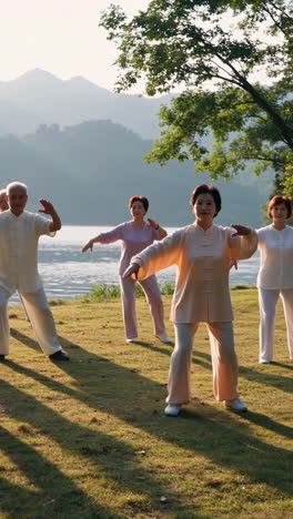 seniors practicing tai chi outdoors by a lake