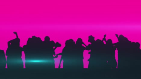 Animation-of-black-silhouettes-of-crowd-of-people-dancing-with-arms-in-the-air-on-pink-background.-