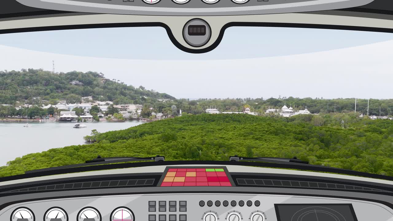 Animation of a cockpit view flying over a verdant landscape with hills and water, featuring smooth transitions and vibrant colors
