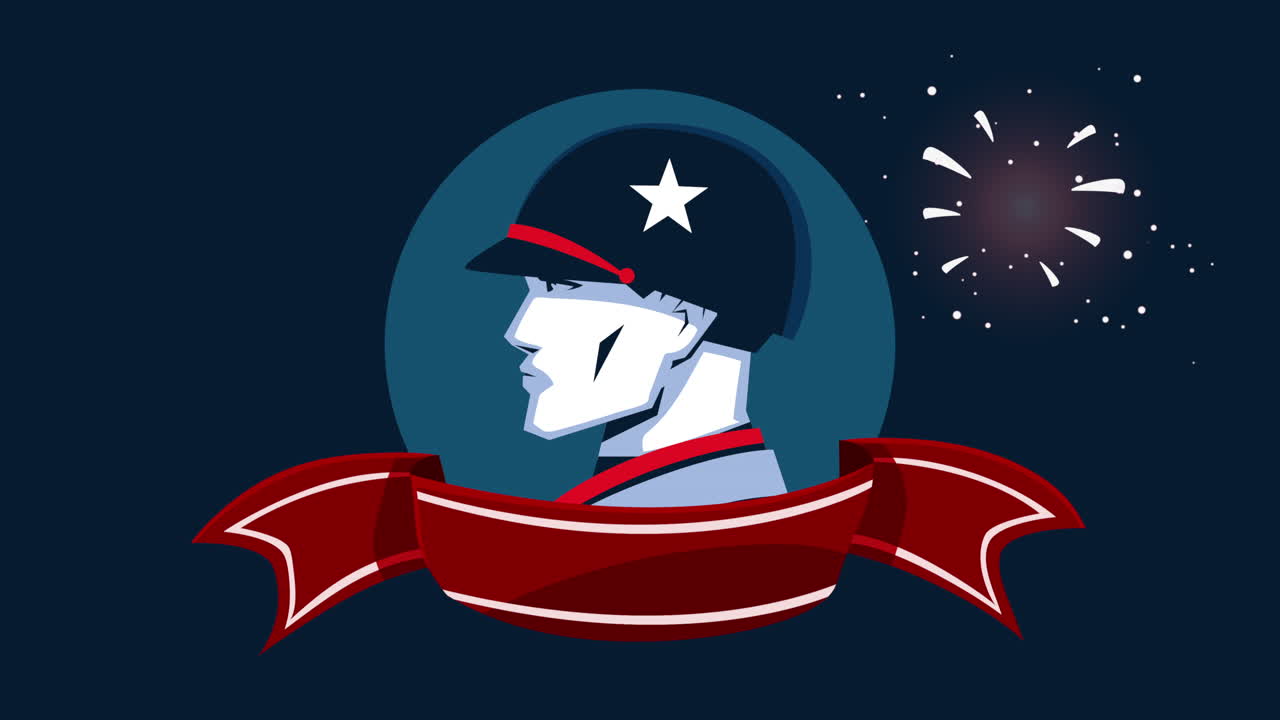 리본 프레임에 군인과 함께 행복한 기념일 애니메이션