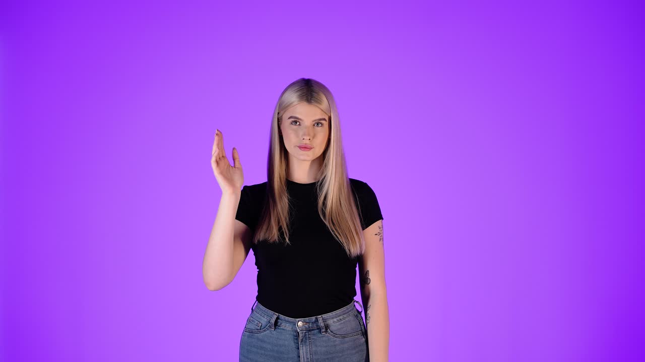 Attractive Blonde Woman Waving Hand, Greeting Gesture, Colorful Studio Portrait