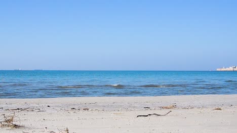 una foto fija de la playa en un día de cielo azul despejado con un poco de viento