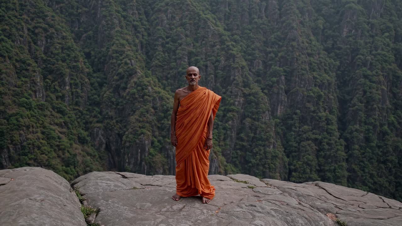 Elderly monk wearing orange robe meditating near rocky cliff edge, overlooking expansive tree filled Himalayan valley, expressing profound inner peace and spiritual harmony