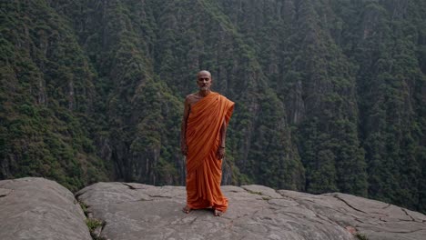 elderly monk wearing orange robe meditating near rocky cliff edge, overlooking expansive tree filled himalayan valley, expressing profound inner peace and spiritual harmony