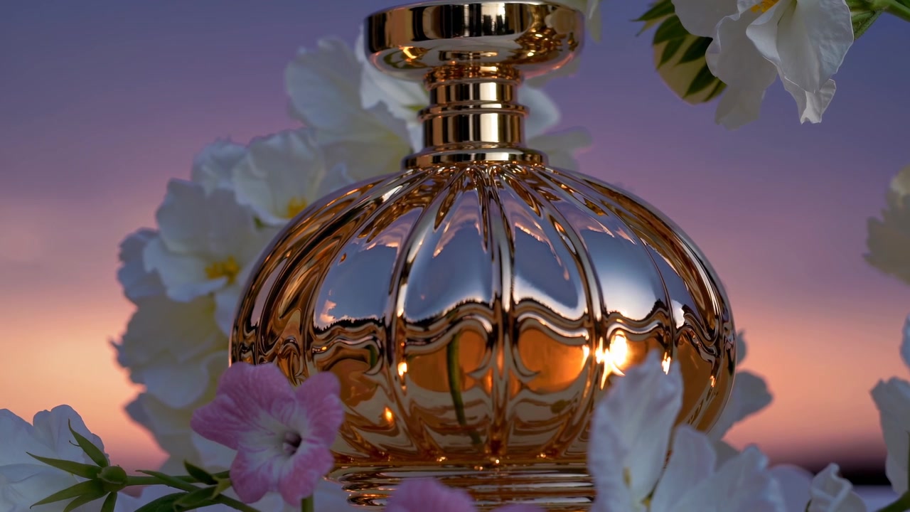 Elegante flacone di profumo dorato tra i fiori contro un cielo al tramonto