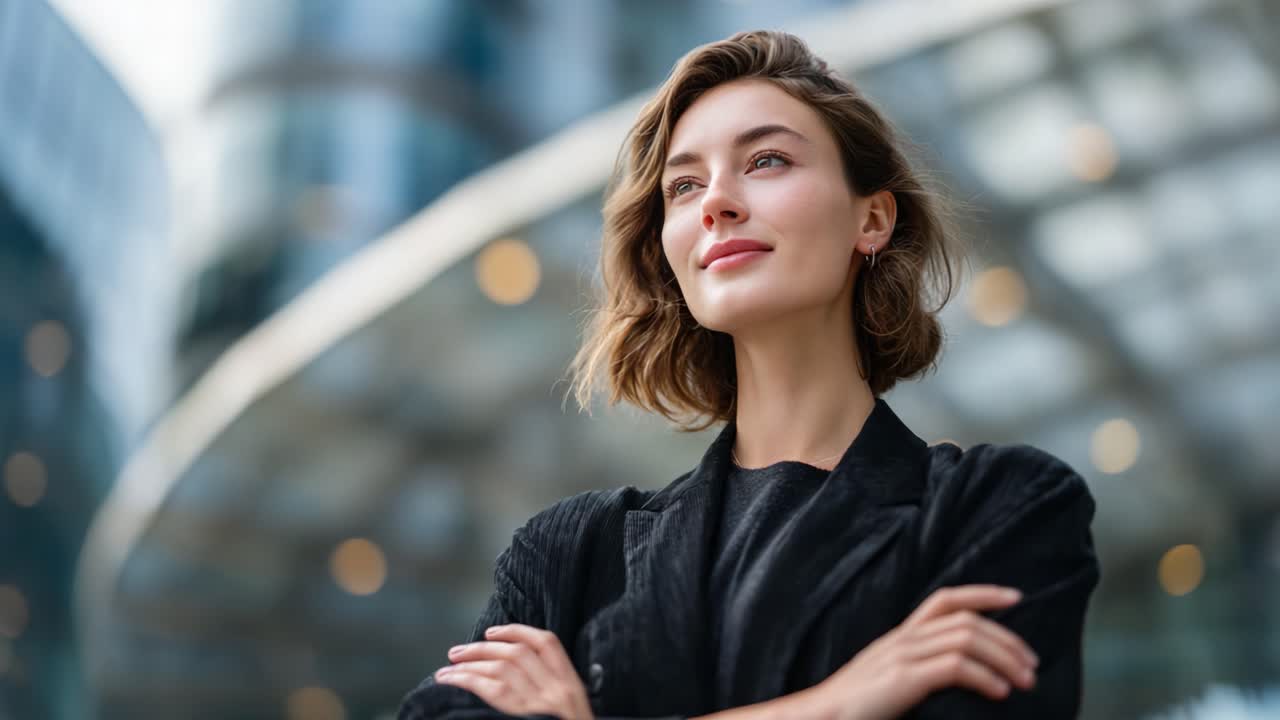 A Confident Woman with Short Hairstanding Proudly in a Modern Urban Setting, Displaying Poise and Determination Against a Blurred Backdrop of City Life