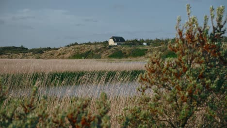 white holiday home on hill in european sand dunes, holiday travel leisure footage