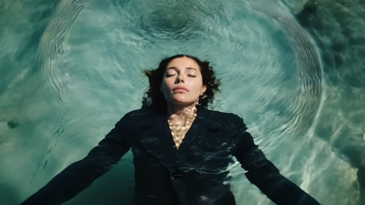 Aerial view of a woman in a suit floating in clear water, eyes closed, creating a serene and surreal