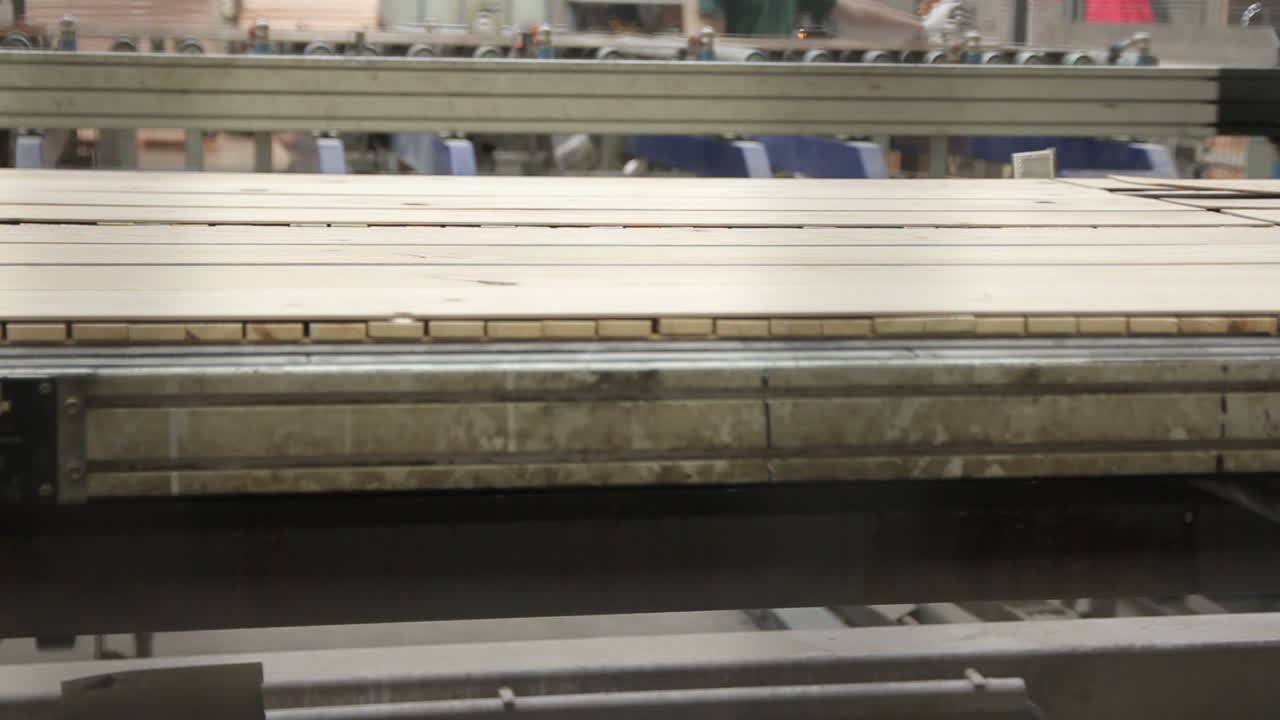 Parquet production. Industrial factory.. Parquet moving in a special device.