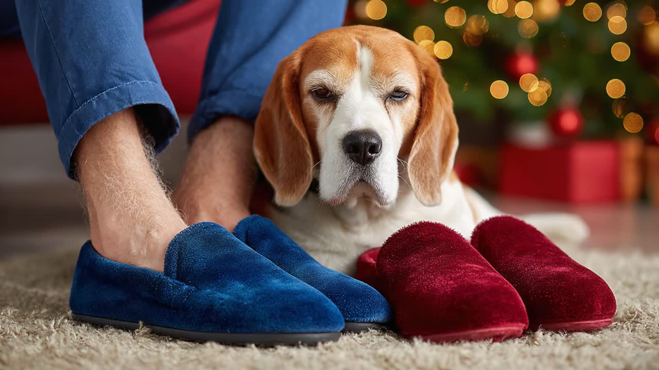 A Cozy Moment: A Beagle Relaxing Beside Its Owner's Feet in Plush Slippers Surrounded by Holiday Cheer and Warm Colors