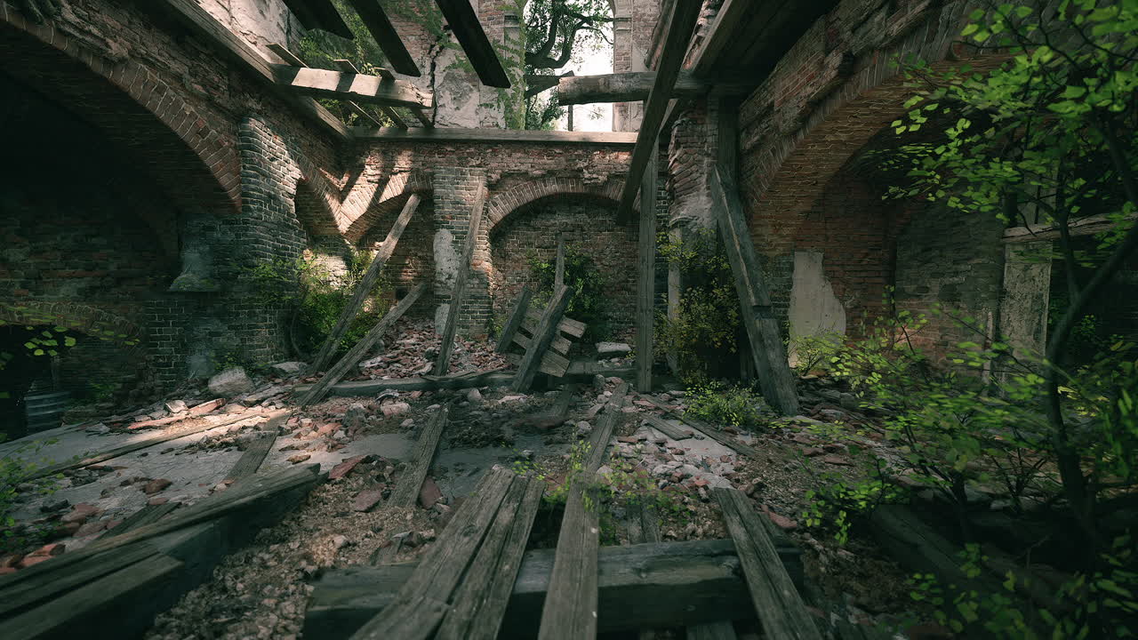 Ruins of an abandoned structure overtaken by nature in a quiet setting