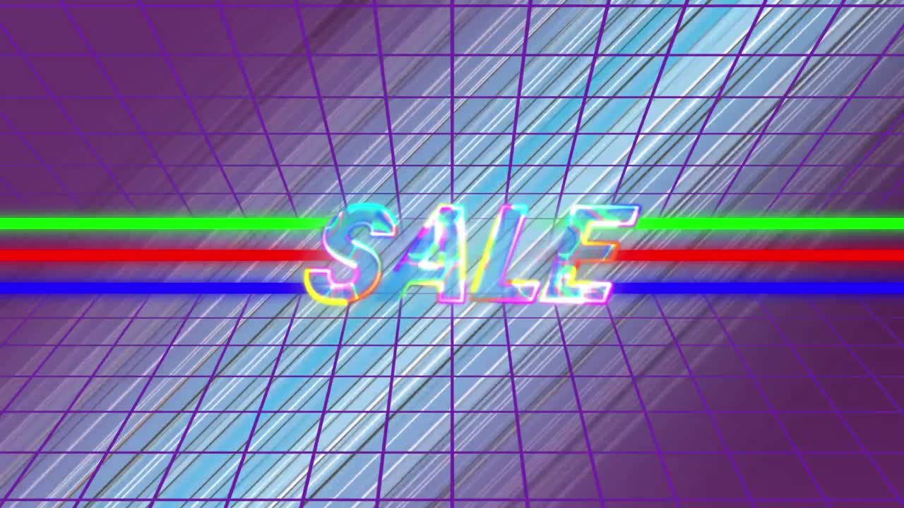 gráfico de venta en colores cambiantes sobre fondo púrpura con rayas