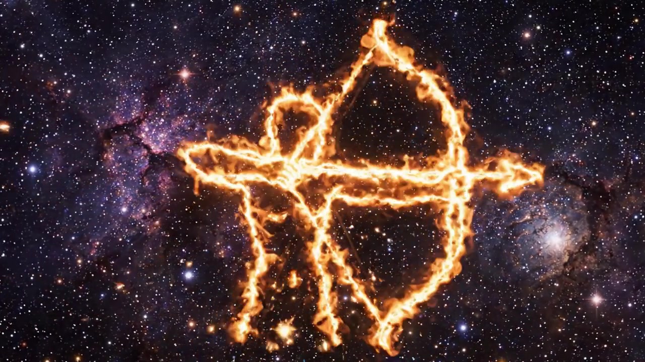 Un viaggio celeste attraverso l'universo: stelle scintillanti, nebulose incandescenti e un simbolo cosmico di fuoco illuminano la vastità dello spazio