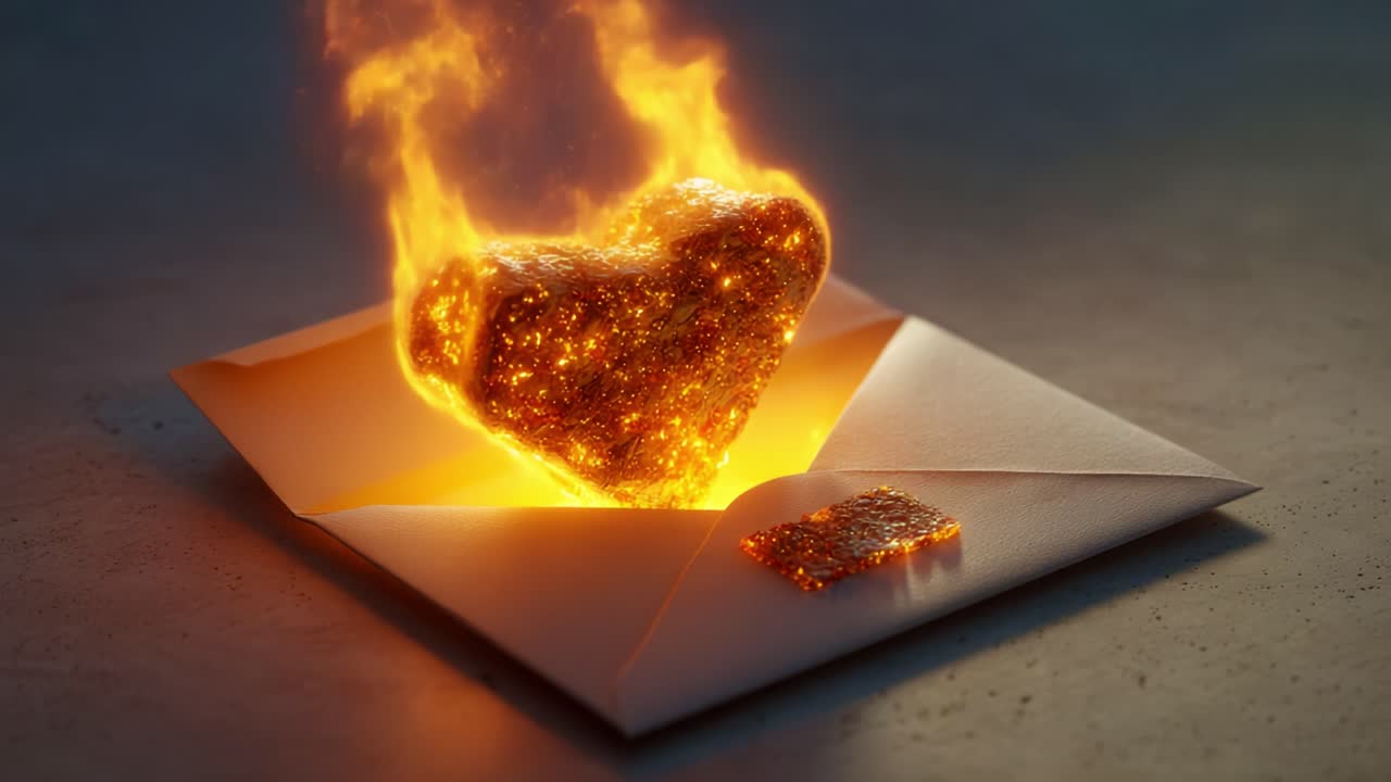 A Sparkling Heart of Fire Bursts from an Open Envelope, Symbolizing Passion and Intense Emotions, with Fiery Glows and Gleaming Particles Filled with Love and Warmth