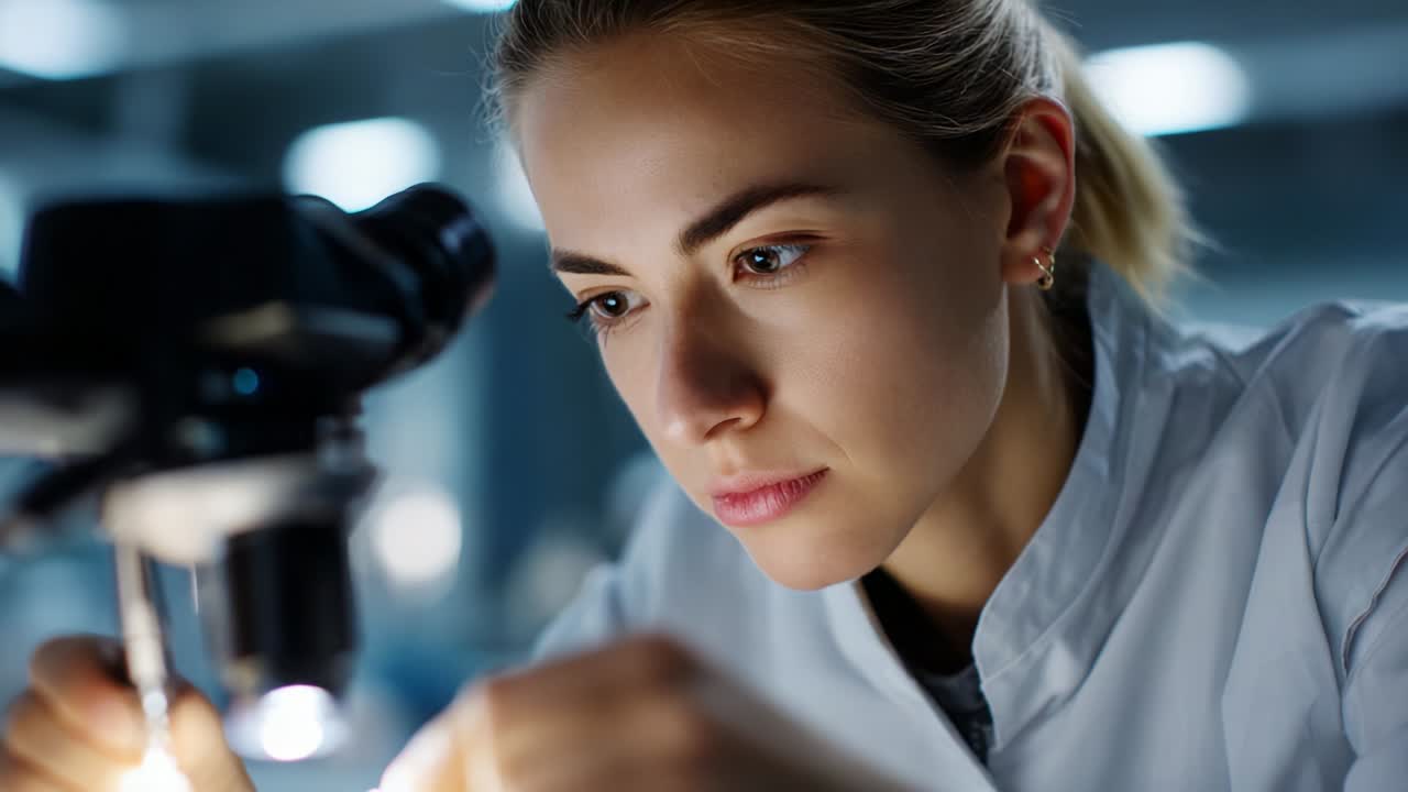 Focused Female Scientist Analyzing Samples Under Microscope in High-Tech Laboratory Setting, Illustrating Concentration and Attention to Detail in Research Process