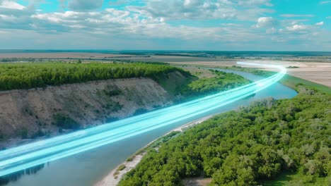 river with blue light trails - aerial view