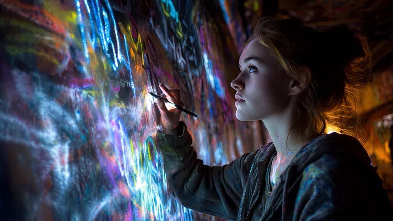 Creative young artist painting vibrant graffiti in urban environment