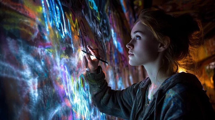 Creative young artist painting vibrant graffiti in urban environment