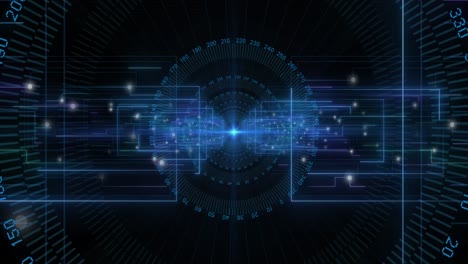 animation of scopes scanning and data processing with binary coding on black background