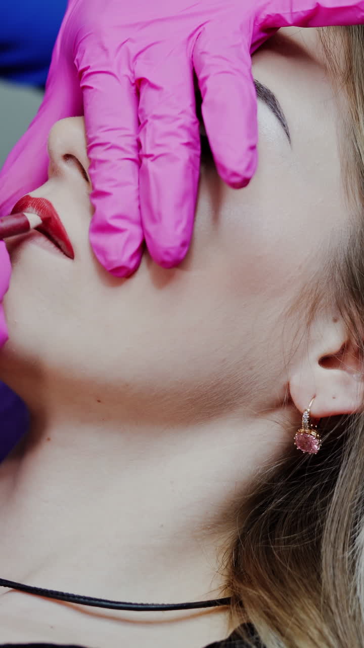 Cosmetic procedure on lips in a beauty salon. Master in pink latex gloves draws the client's lips with a red pencil. Permanent makeup on lips. Vertical video