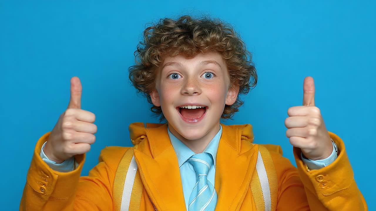 A joyful child in a vibrant yellow coat and blue tie, giving enthusiastic thumbs up against a bright blue backdrop, radiating happiness and positivity