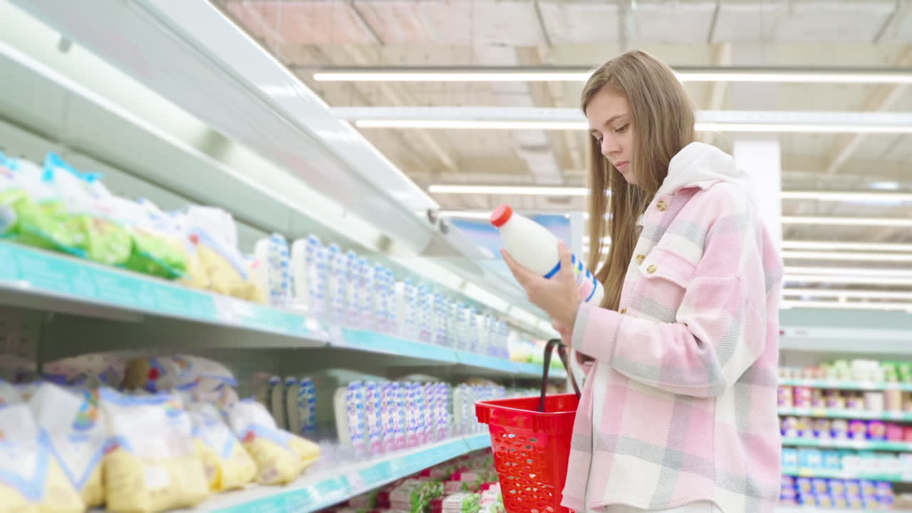 식료품 가게 에서 우유 를 구입 하는 여자