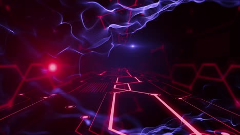 abstract animation of neon, glowing light lasers and waves bouncing around and moving forward within a dark tunnel.