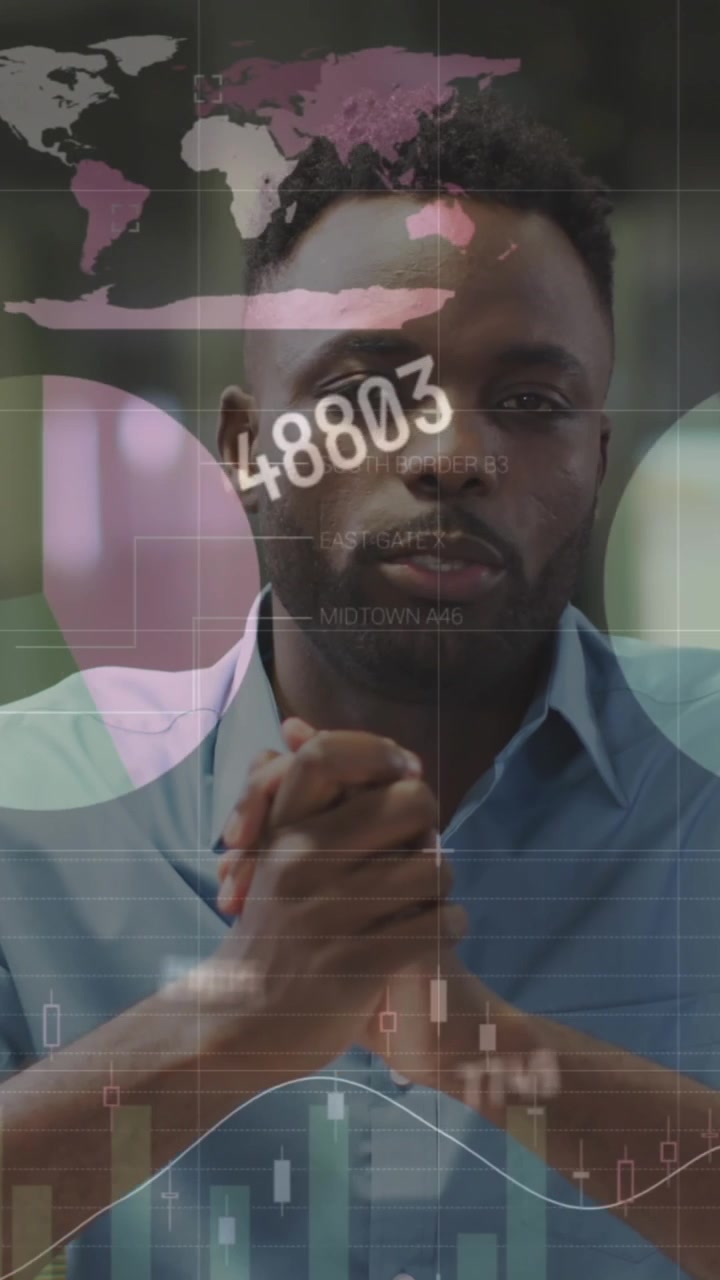 Animation of data processing over african american man talking looking at the camera at office